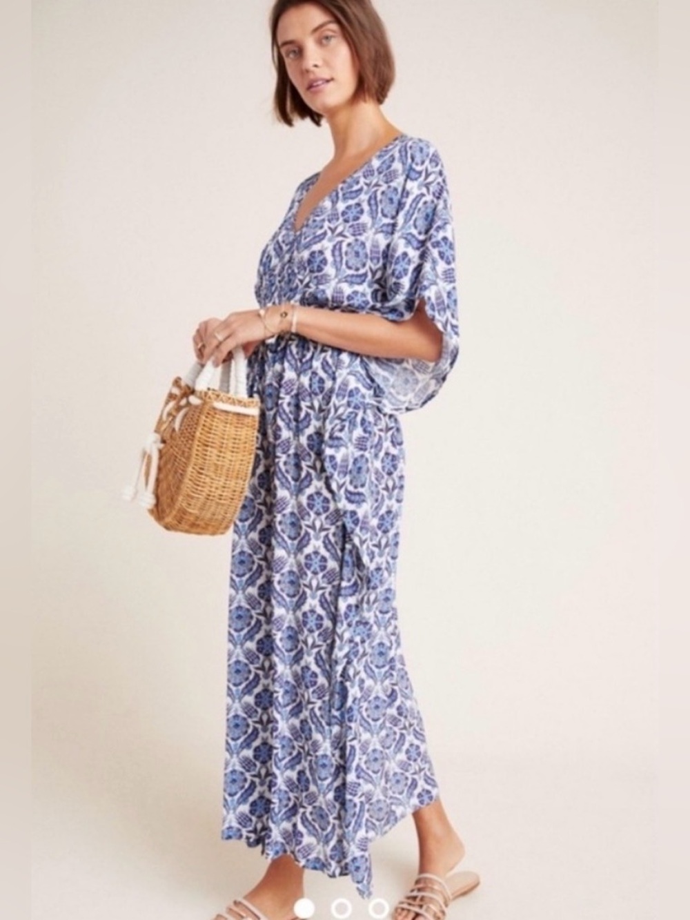 NWT Anthropologie Blue Printed V-Neck Maxi Dress Coverup
